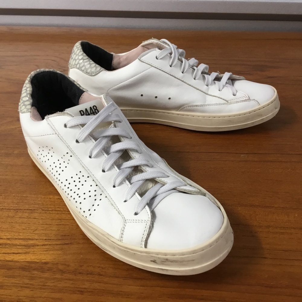 P448 White Leather Sneakers with Cream Soles and Gray Heel Accent